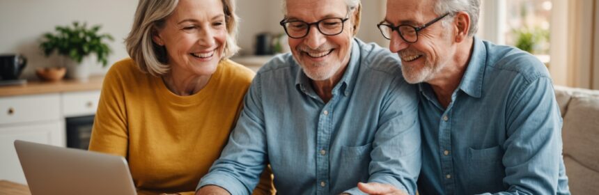 Couple senior souriant devant un ordinateur portable