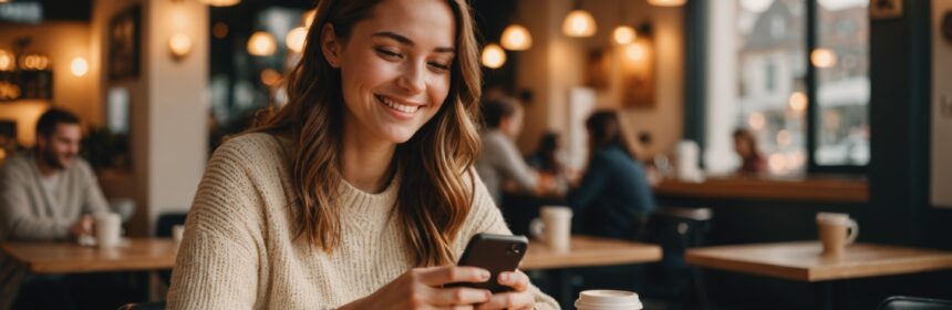 Femme souriante consultant un site de rencontre gratuit sur son smartphone