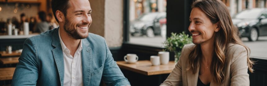 Couple souriant lors d'un premier rendez-vous dans un café