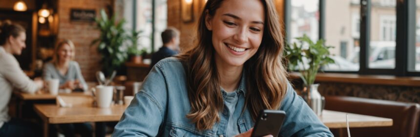 Jeune femme souriante en appel vidéo sur son smartphone dans un café, illustration de l'appel vidéo avant un rendez-vous sur une application de rencontre gratuite
