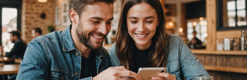 Couple souriant consultant une application de rencontre gratuite sur un smartphone