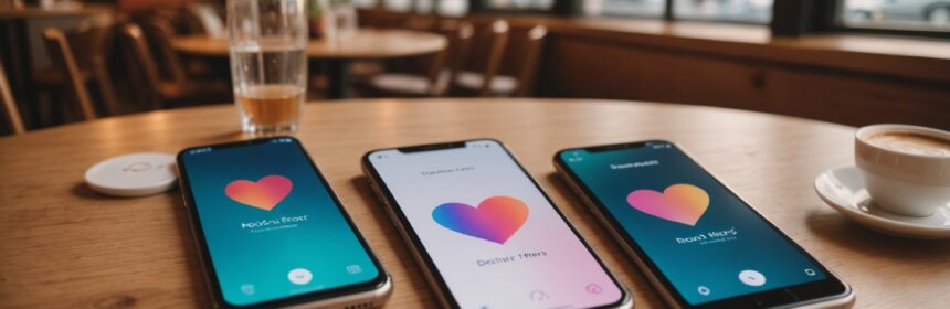 Deux smartphones affichant des interfaces d'applications de rencontre dans une ambiance chaleureuse
