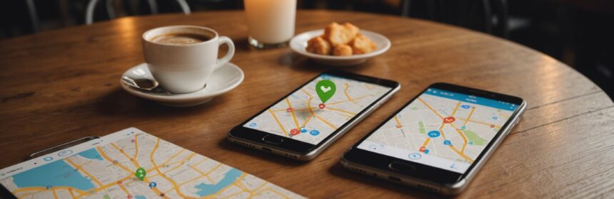 Smartphone affichant une application de rencontre avec géolocalisation dans un café