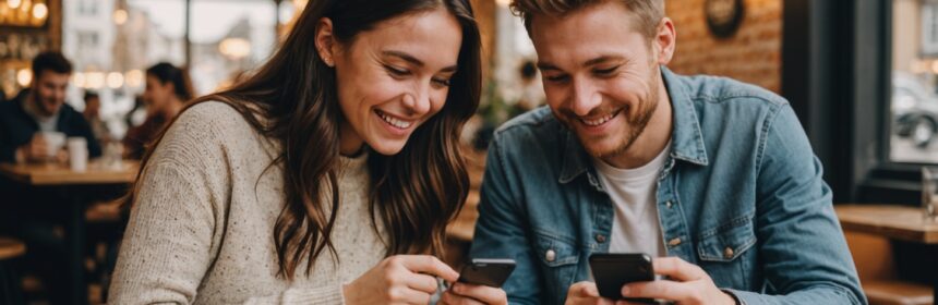 Deux personnes souriantes consultant une application de rencontre sur smartphone