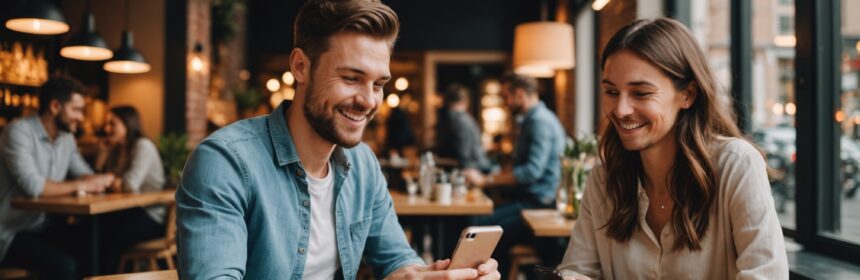 Couple souriant discutant lors d'un premier rendez-vous organisé via un site de rencontre, ambiance chaleureuse