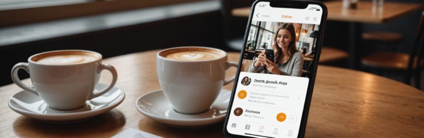 Smartphone affichant une application de rencontre gratuite sur une table de café, illustration du classement des applications les plus utilisées en France