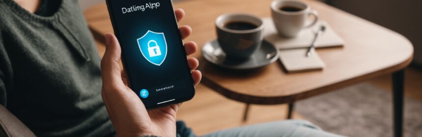 Personne utilisant une application de rencontre sur smartphone avec une icône de confidentialité et de sécurité des données
