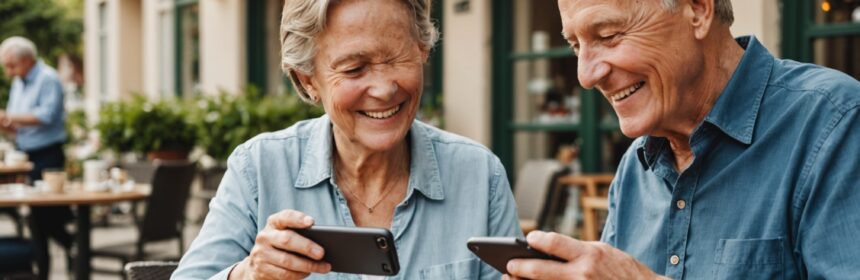 Couple de seniors souriants regardant un smartphone ensemble en terrasse
