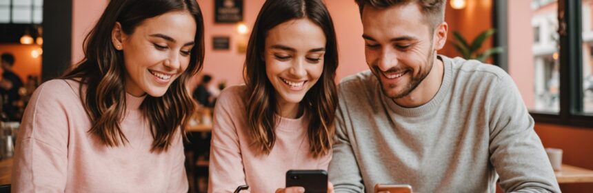Couple souriant consultant une application de rencontre sur smartphone