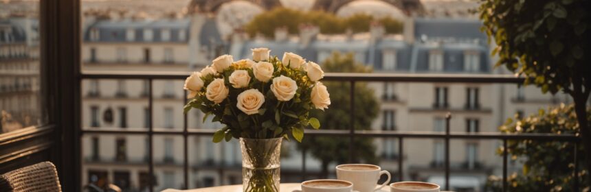 Table de café à Paris avec deux tasses et un bouquet de fleurs, ambiance romantique
