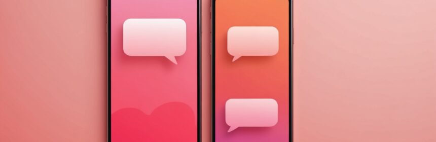 Illustration de deux smartphones affichant des interfaces de messagerie d'applications de rencontre