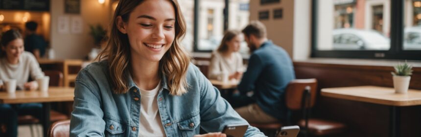 Personne consultant une application de rencontre sur son smartphone dans un café