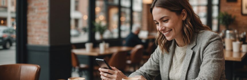 Jeune actif consultant une application de rencontre sur son smartphone dans un café