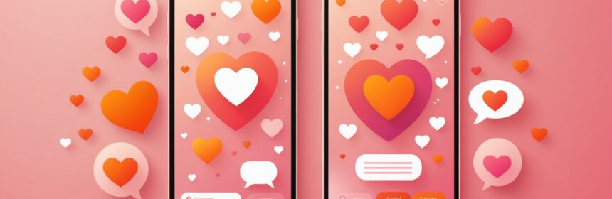 Illustration d'une application de rencontre gratuite sur smartphone avec icônes de cœur et messages