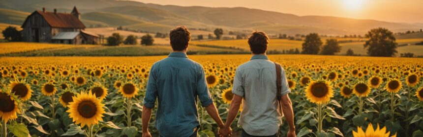 Couple se tenant la main dans un champ de tournesols au coucher du soleil, symbole de rencontre à la campagne