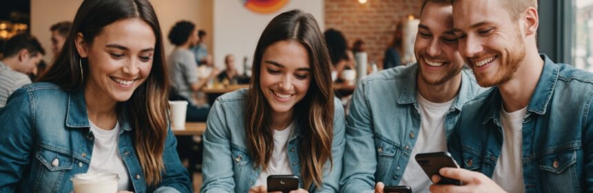 Jeunes adultes souriants utilisant des applications de rencontre gratuites LGBT+ sur smartphone