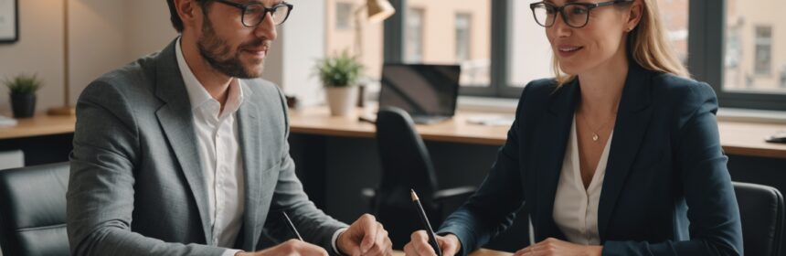 Illustration générée par IA d'une consultation dans une agence matrimoniale, contrat sur le bureau