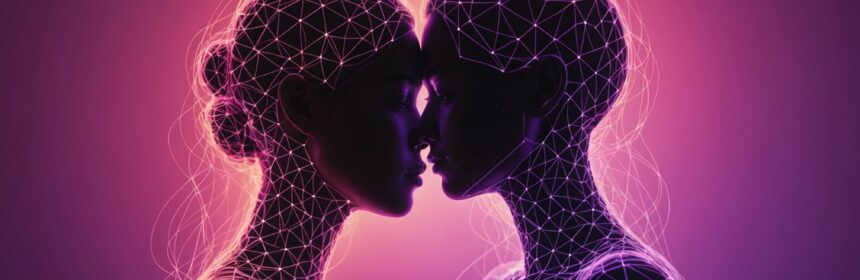 Illustration abstraite de deux silhouettes connectées par des lignes lumineuses evoquant l intelligence artificielle sur une application de rencontre