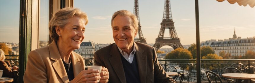 Deux seniors souriants discutant à la terrasse d'un café parisien, illustration pour un article sur la rencontre senior à Paris