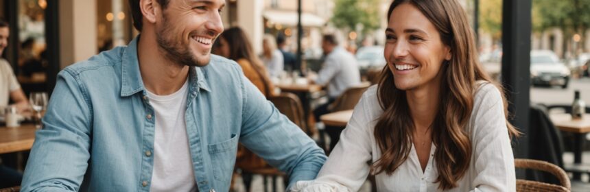 Illustration d'un couple se rencontrant pour la première fois en terrasse