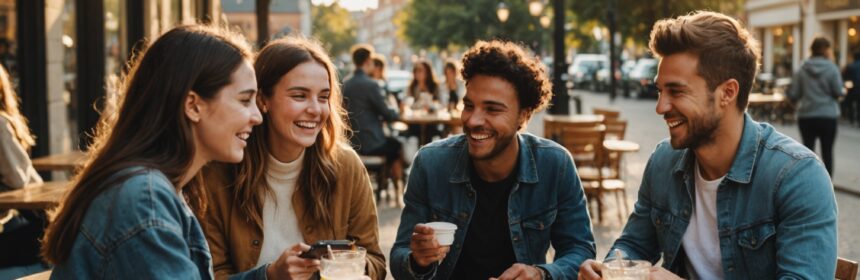 Illustration generee par IA d'un groupe d'amis souriant autour d'une table en exterieur, ne represente pas une application ou une personne reelle