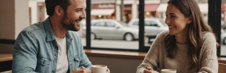 Couple partageant une conversation sincère autour d'un café, illustration rencontre sérieuse